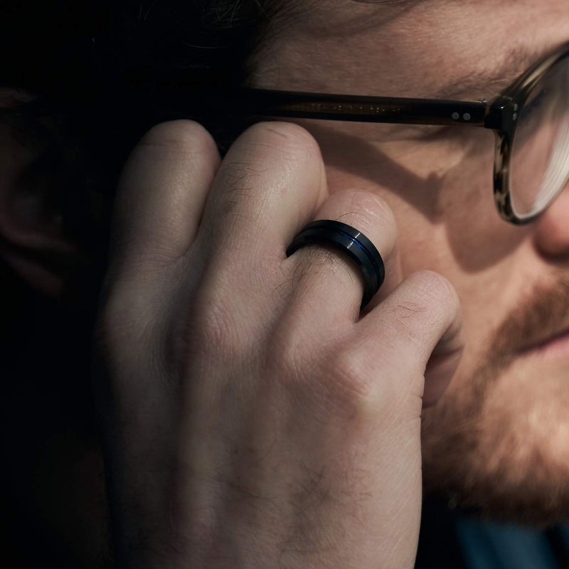 Greenpod 8mm Mens Black Tungsten Ring with Thin Blue Groove Beveled Edge Engraved I Love You Comfort Fit Size 10 - Image 3